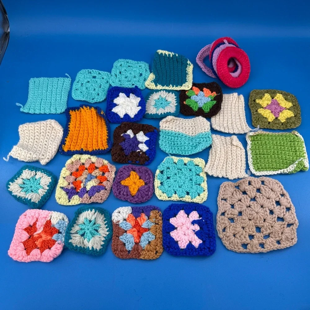 Unfinished Granny Square Afghan Crochet Blanket Lot 24 Squares Vtg Coasters